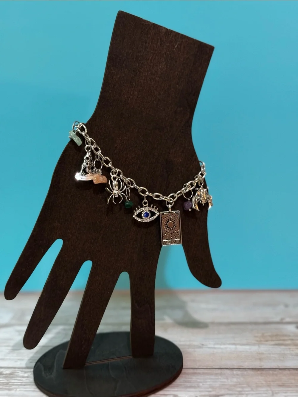 Witchy Goth Silver Charm Bracelet with Blue, Purple, Green and Peach Accents